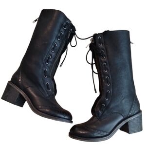 Kelsi Dagger MASHITA Black Leather Shearling Wingtip Riding Combat Boot 7 1/2